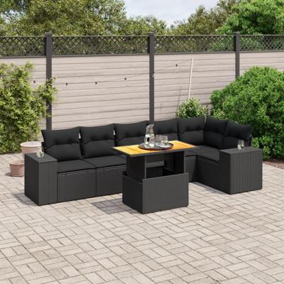 7-delige Loungeset met kussens poly rattan zwart