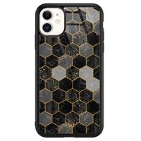 iPhone 11 glazen hardcase - Hexagons zwart - thumbnail