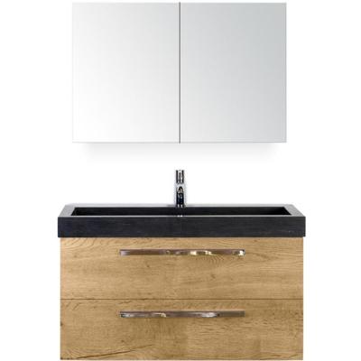 Seville Badmeubelset 100 cm - Natuur Eiken - Wastafel Hardsteen Wit Lucca met Spiegelkast