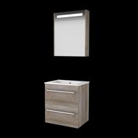 Basic-Line Premium 46 Badkamermeubelset - 60 x 46 cm - Met Grepen - 2 Lades - Keramische Wastafel - 1 Kraangat - Spiegelkast met LED Verlichting - Scotch Oak - thumbnail