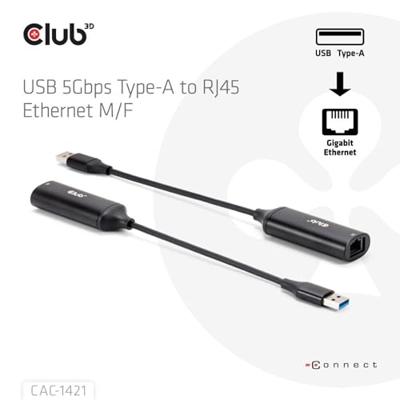 club3D CAC-1421 USB 3.2 Gen 1 (USB 3.0) / RJ45 Adapter [1x USB-A-stekker - 1x RJ45-bus] Zwart 12 cm