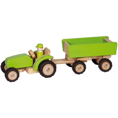 Goki houten tractor groen met aanhanger