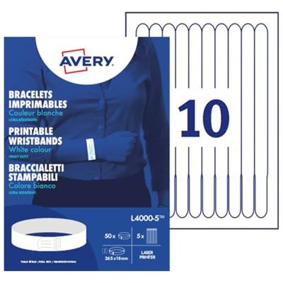 Avery bedrukbare polsbandjes, ft 18 x 265 mm, wit, pak van 50 etiketten Avery bedrukbare polsbandjes, ft 18 x 265 mm, wit, pak van 50 etiketten