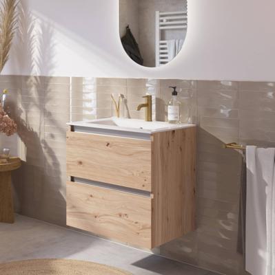 Saqu Gaia badmeubel incl. keramische wastafel 60x46x61cm naturel eiken - aluminium greeplijst