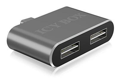 ICY BOX IB-Hub1201-C 2-voudige USB 2.0-hub (type-C stekker naar 2X Type-A bus), anti-verdraaiende USB-poorten, OTG-ondersteuning, aluminium, antraciet