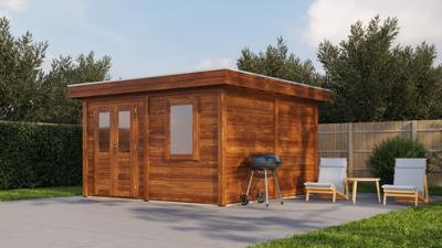 Lugarde Select Amstelveen Modern tuinhuis met overkapping 388x388 cm + overkapping 400 cm 28 mm vuren blank- Plat dak- - Lugarde Select