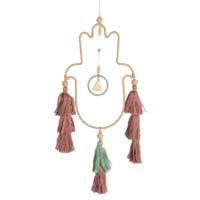Handgemaakte Macramé Hanger - Hamsa Hand Goudkleurig Groen - Bescherming (43 cm) - thumbnail