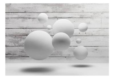 Fotobehang - Witte ballen voor houten schutting, Vliesbehang, 3D look, Instructie bijgesloten, zeer eenvoudig aan te brengen, geen behangtafel nodig