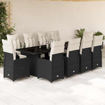 11-delige Bistroset met kussens poly rattan zwart
