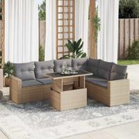 7-delige Loungeset met kussens poly rattan beige - thumbnail