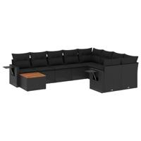 10-delige Loungeset met kussens poly rattan zwart - thumbnail
