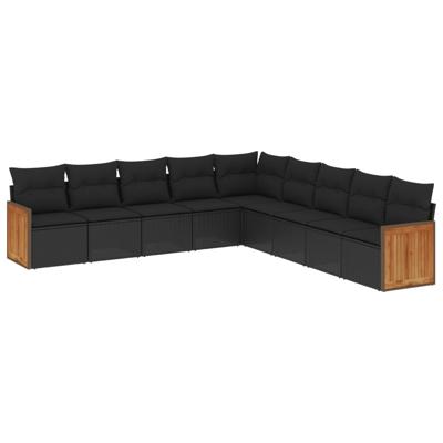 10-delige Loungeset met kussens poly rattan zwart - thumbnail