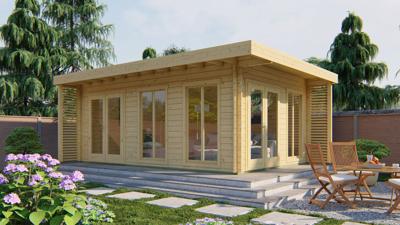 Blokhut Hildegard 570x380 cm - Honing geïmpregneerd- Plat dak- Geïmpregneerd vurenhout- Tuindeco