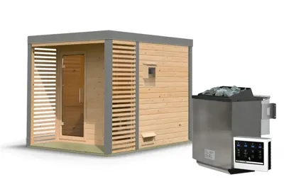 Karibu | Ares 2 Buitensauna | Onbehandeld-Grijs | Biokachel 9 kW Externe Bediening