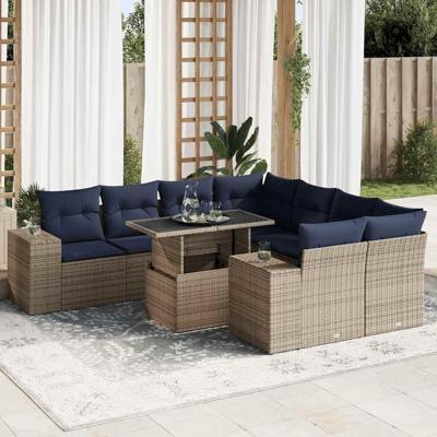 9-delige Loungeset met kussens poly rattan acacia grijs