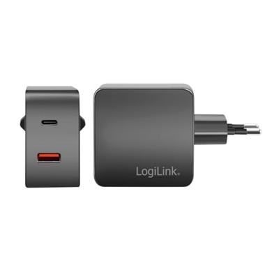 LogiLink Dubbele USB-oplader, 1 x USB-A, 1 x USB-C, GaN (galliumnitrid) voor hoge efficiëntie tot 45 W, PPS-opladen (programmeerbare voeding), PowerDelivery & QuickCharge