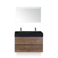 Maxx XL Badmeubelset 100 cm - Tabacco - Wastafel Kube Zwart 2 kraangaten - met LED Spiegel - thumbnail