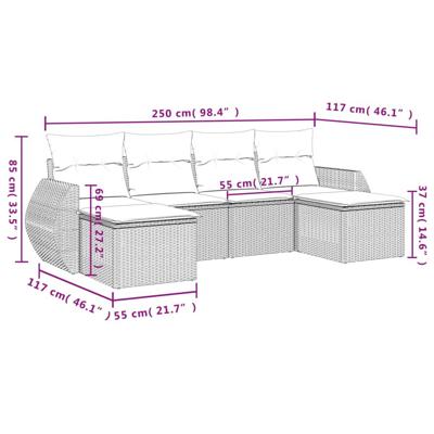 6-delige Loungeset met kussens poly rattan bruin - thumbnail
