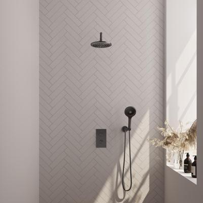 Brauer Gunmetal Carving Thermostatische Regendoucheset Inbouw - Hoofddouche 20 cm - Gebogen Wandarm - 3 Weg - Handdouche 3 Standen - Doucheslang - Wandaansluitbocht - Gunmetal