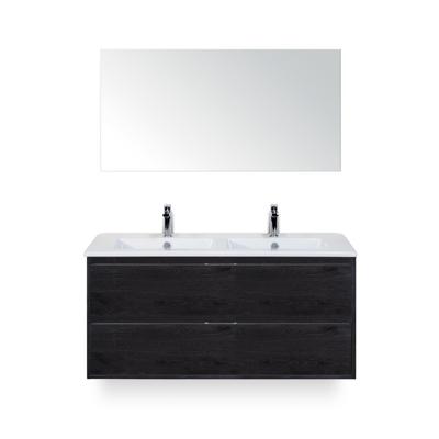 Porto Badmeubelset 120 cm - 2 laden Black Oak - Keramische Wastafel Wit Slim - met Spiegel
