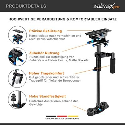 Walimex Pro StabyPod L zweefstatief Steadycam voor stabilisatie van DSLR-camera's (afmetingen max.120 cm, carbon, snelwisselplaat, 15 mm stangen, tegengewichten)