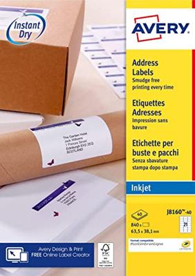 Etiket avery j8160-40 63.5x38.1mm wit 840st Etiket avery j8160-40 63.5x38.1mm wit 840st