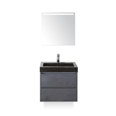 Dante Badmeubelset 60 cm - Beton Antraciet - Wastafel Hardsteen Wit Lucca - met Sence Spiegel