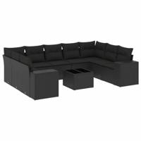 10-delige Loungeset met kussens poly rattan zwart - thumbnail