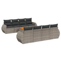 9-delige Loungeset met kussens poly rattan grijs - thumbnail