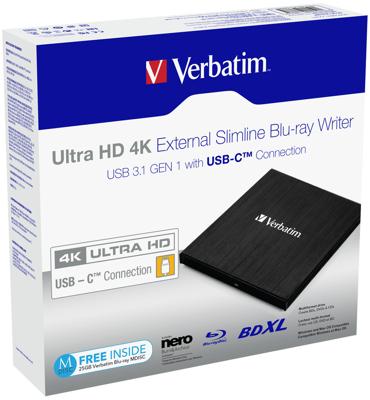 Verbatim External Ultra HD 4K Externe Blu-ray brander 4K-video-ondersteuning Retail USB-C 3.2 Gen 1 Zwart Verbatim External Ultra HD 4K Externe Blu-ray brander 4K-video-ondersteuning Retail USB-C 3.2 Gen 1 Zwart