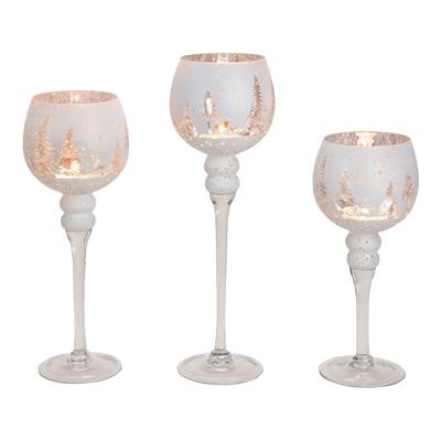 Windlichtset Kelk, Winterbosdecor, 30, 35, 40 cm x Ø13 cm, van wit glas, set van 3