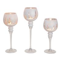 Windlichtset Kelk, Winterbosdecor, 30, 35, 40 cm x Ø13 cm, van wit glas, set van 3 - thumbnail