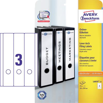 Avery Zweckform L4759-25 ordnerrugetiketten ft 29,7 x 6,1 cm (b x h), 75 etiketten, wit