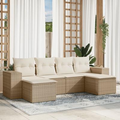 7-delige Loungeset met kussens poly rattan beige