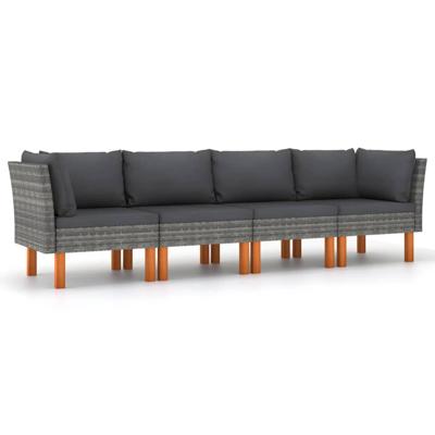 Tuinbank 4-zits met kussens poly rattan grijs