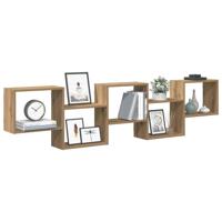 Wandschap kubus 5 vakken bewerkt hout artisanaal eikenkleurig - thumbnail