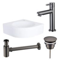 QeramiQ Fuente fonteinset - 30x30x10cm - 1 kraangat - hoek - keramiek - fonteinkraan gunmetal - glans wit SW696237/SW696207/SW696217/SW679885 - thumbnail