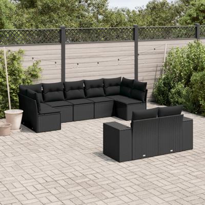 10-delige Loungeset met kussens poly rattan zwart - thumbnail