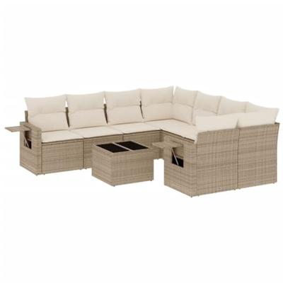 9-delige Loungeset met kussens poly rattan beige