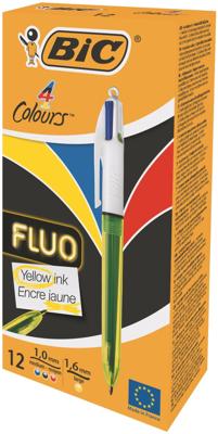 Bic Colours Fluo 4-kleurenbalpen, medium, 3 klassieke inktkleuren en een markeerstift fluo geel