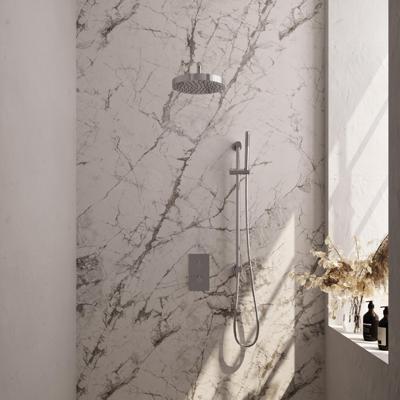Brauer Stripe thermostatische inbouw regendouche 3-weg rechthoekig SET 20 met 25 cm douchekop en gebogen muurarm en staaf handdouche en doucheslang en geintegreerde glijstang chroom