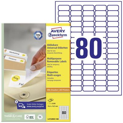 Avery-Zweckform L4732REV-100 Universele etiketten 35.6 x 16.9 mm Papier Wit 8000 stuk(s) Weer verwijderbaar Inkjet, Laser (zwart/wit), Laser (kleur), Kopiëren