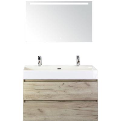 Maxx XL Badmeubelset 100 cm - Craft Oak - Wastafel Kube 2 Kraangaten met Sence Spiegel