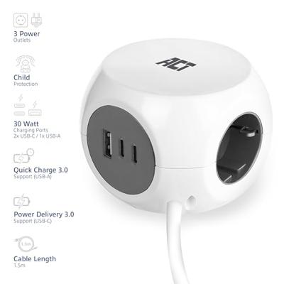 ACT AC2420 Stekkerdoos + USB-C/A - thumbnail