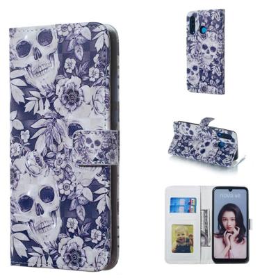 Schedel en bloem patroon 3D horizontale Flip lederen case voor Huawei P30 lite met houder & kaartsleuven & foto frame & portemonnee