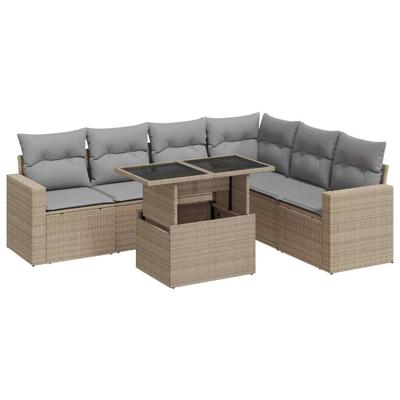 7-delige Loungeset met kussens poly rattan beige