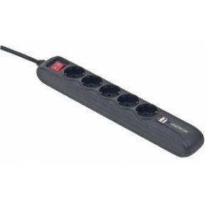 Stekkerdoos met schakelaar 5 voudig 2X USB, 1.5 meter snoer zwart Stekkerdoos met schakelaar 5 voudig 2X USB, 1.5 meter snoer zwart