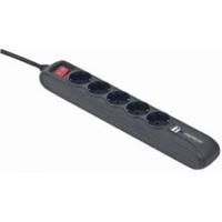 Stekkerdoos met schakelaar 5 voudig 2X USB, 1.5 meter snoer zwart - thumbnail