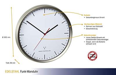 TFA Dostmann 60.3521.02 Wandklok Zendergestuurd 30.5 cm x 4.8 cm RVS (geborsteld) Slepend uurwerk (geluidsloos)