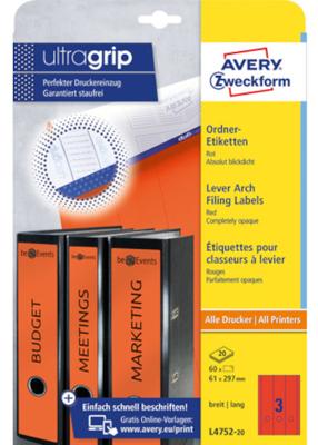Avery Zweckform L4752-20 ordnerrugetiketten ft 29,7 x 6,1 cm (b x h), 60 etiketten, rood